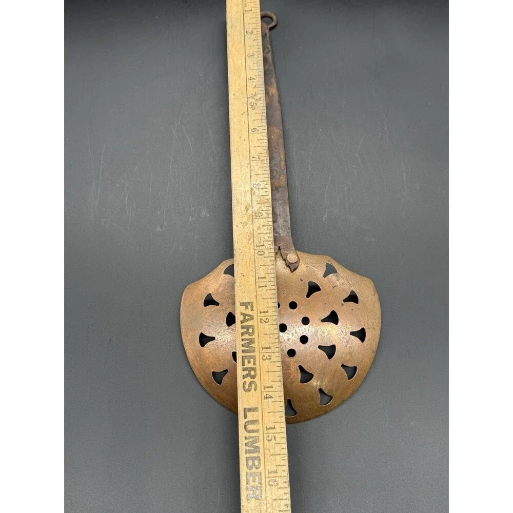 Antique Metal Skimmer Hearth Strainer Spoon, Cutout, Hanging Loop, Copper